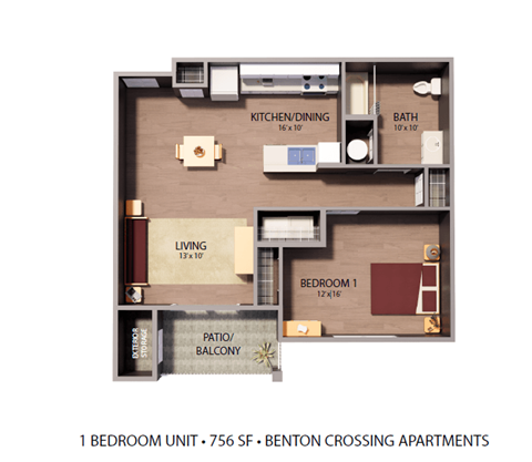 Floor plan for 1 bed, 1 bath, 756 sqft